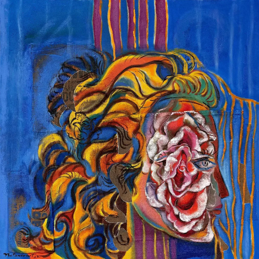Pintura Mujerflor 2023 óleo sobre yute y lienzo 100 x 100 cm, Miguel Betancourt, artista plástico ecuatoriano, frente a una de sus obras de arte contemporáneo.