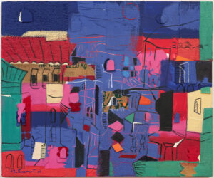 Ciudad con insignias antiguas, óleo sobre lienzo y cáñamo, técnica mixta, Miguel Betancourt, 2025