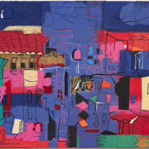 Ciudad con insignias antiguas, óleo sobre lienzo y cáñamo, técnica mixta, Miguel Betancourt, 2025