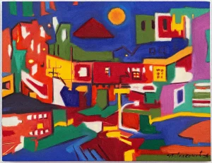 Pintura Fachada Roja de Miguel Betancourt, óleo sobre tela 2024.