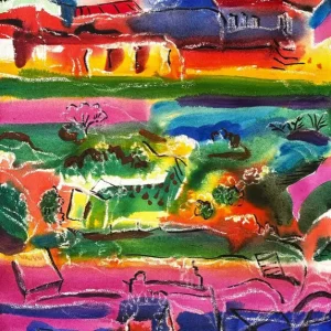 Memoria, campo y horizonte urbano de Miguel Betancourt, técnica acrílico, papel cera, 2026