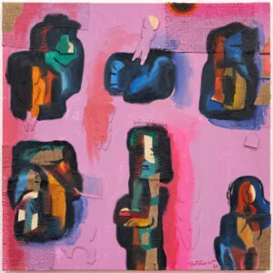 Miguel Betancourt - Mitos andinos I - Óleo y collage sobre lienzo con yute - 99 x 99 cm - Colección Palingenesia