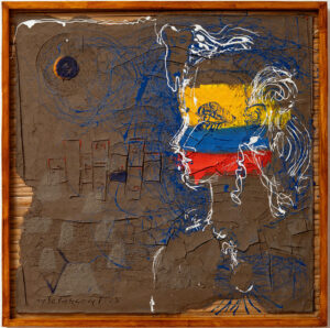 Pintura matérica Rayuela equinoccial de Miguel Betancourt técnica mixta óleo sobre tierra y madera 104x104cm