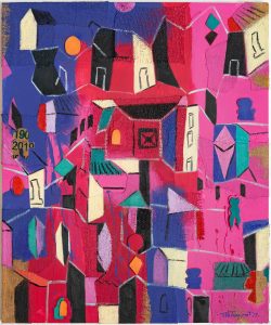 Pintura Ciudad en otoño de Miguel Betancourt, técnica mixta óleo sobre lienzo y cáñamo, tonos fucsia, azul y magenta, estilo arquitectura abstracta, 100x80 cm, colección Palingenesia 2025.