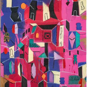 Pintura Ciudad en otoño de Miguel Betancourt, técnica mixta óleo sobre lienzo y cáñamo, tonos fucsia, azul y magenta, estilo arquitectura abstracta, 100x80 cm, colección Palingenesia 2025.