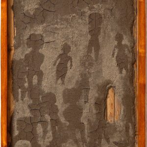 Palimpsesto 0° de Miguel Betancourt, arcilla y arena sobre soporte de carrizo, 76x55 cm, 2025.